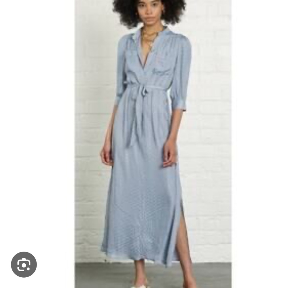 Anthropologie DRA Designer Gray Blue Polka Dot Maxi Dress with Tie & Pockets S